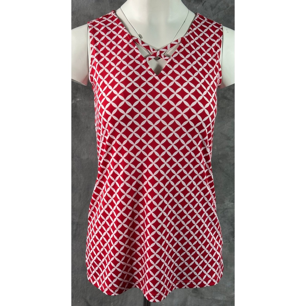 Susan Graver Red & White Liquid Knit Geometric Keyhole Tank sz XXS (15784)